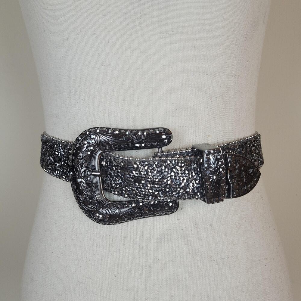 Silver‎ Rhinestone Western Belt Large XL Leather Bling Cowgirl Rodeo Sparkly